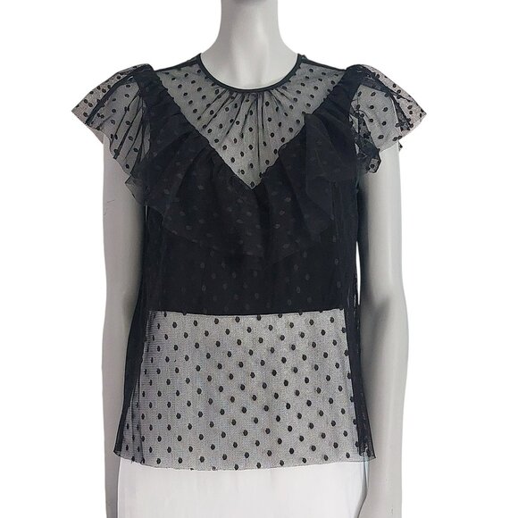 MILLY Semi Sheer Mesh Blouse Black Size S Tulle Ruffles Jewel Neck Parisian Chic - Picture 1 of 14